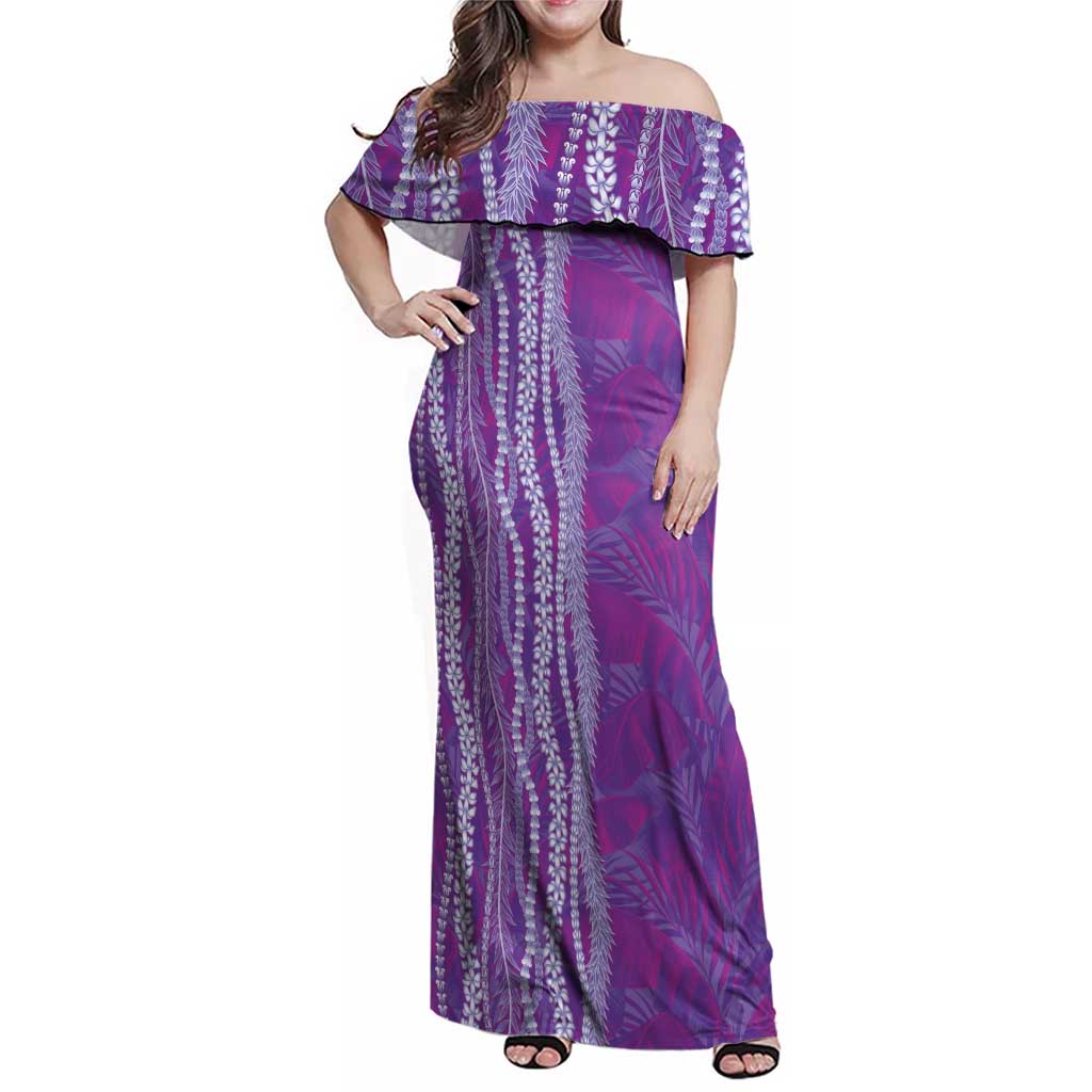 Hawaii Prince Kuhio Family Matching Off Shoulder Maxi Dress and Hawaiian Shirt Violet Hawaiian Lau Maia With Leis LT05 Mom's Dress Violet - Polynesian Pride