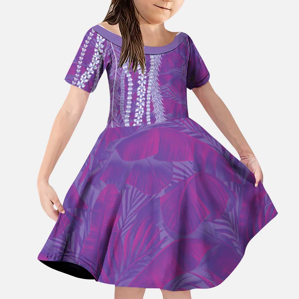 Hawaii Prince Kuhio Family Matching Off Shoulder Short Dress and Hawaiian Shirt Violet Hawaiian Lau Maia With Leis LT05 Daughter's Dress Violet - Polynesian Pride