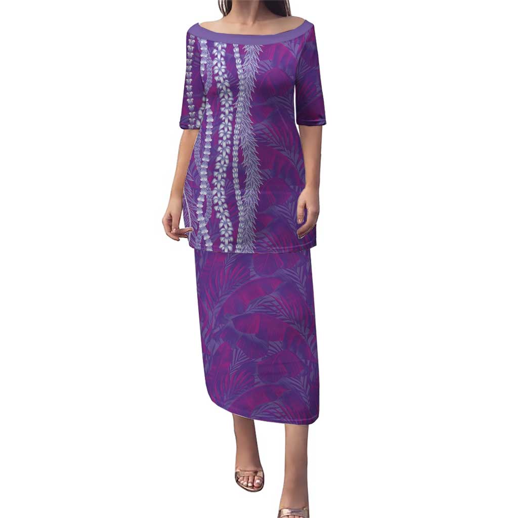 Hawaii Prince Kuhio Family Matching Puletasi and Hawaiian Shirt Violet Hawaiian Lau Maia With Leis LT05 Mom's Dress Violet - Polynesian Pride