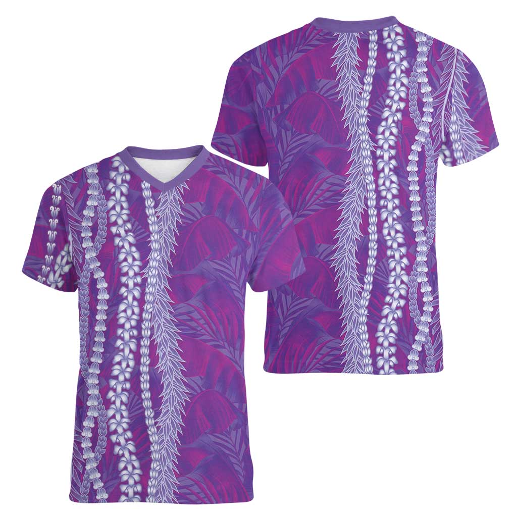 Hawaii Prince Kuhio Women V-Neck T-Shirt Violet Hawaiian Lau Maia With Leis