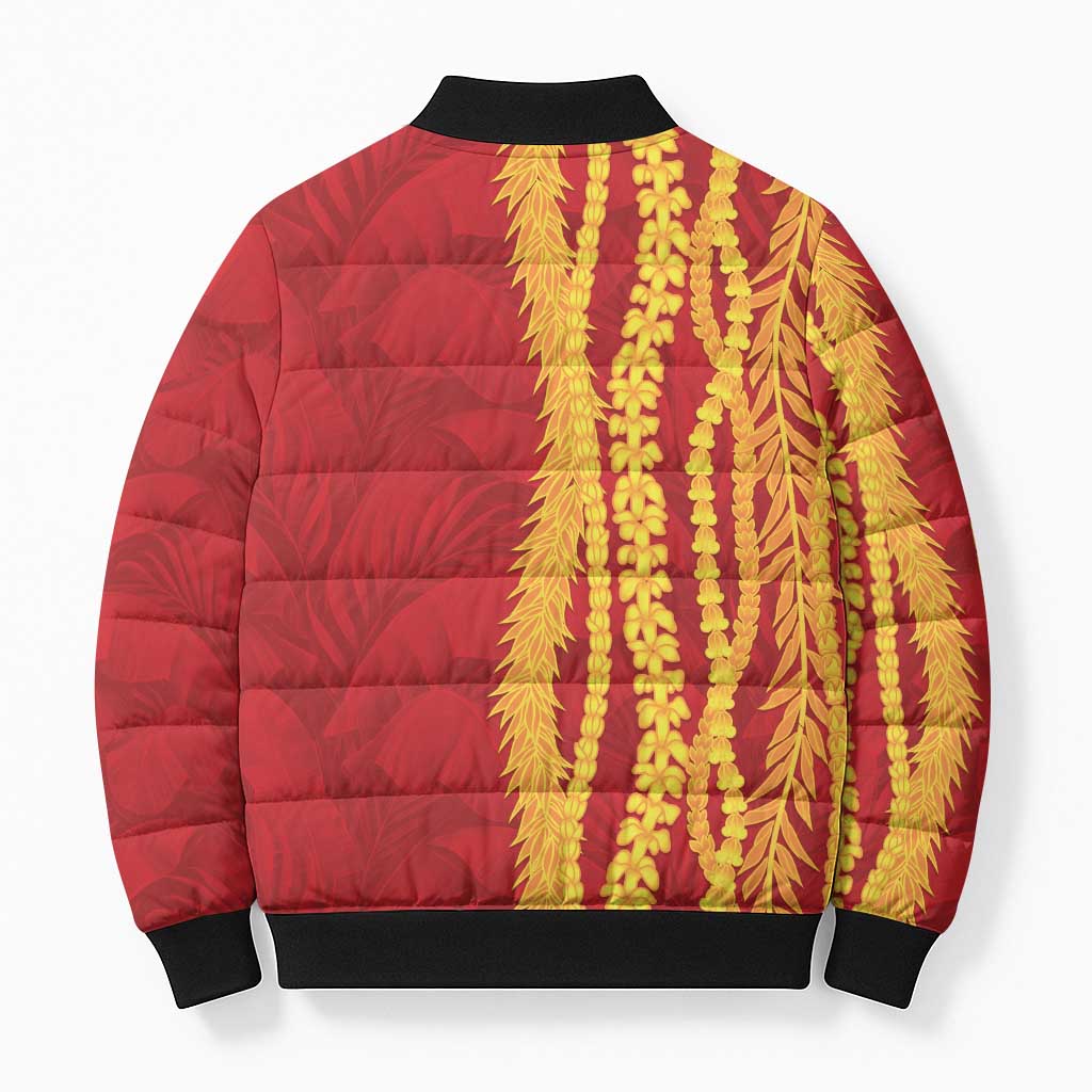 Hawaii Prince Kuhio Bomber Puffer Jacket Red Hawaiian Lau Maia With Leis