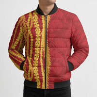 Hawaii Prince Kuhio Bomber Puffer Jacket Red Hawaiian Lau Maia With Leis