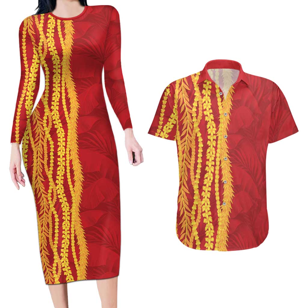 Hawaii Prince Kuhio Couples Matching Long Sleeve Bodycon Dress and Hawaiian Shirt Red Hawaiian Lau Maia With Leis LT05 Red - Polynesian Pride