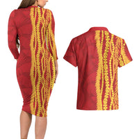 Hawaii Prince Kuhio Couples Matching Long Sleeve Bodycon Dress and Hawaiian Shirt Red Hawaiian Lau Maia With Leis LT05 - Polynesian Pride