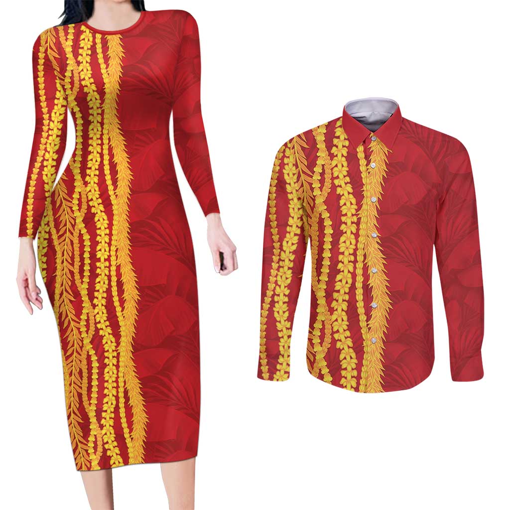 Hawaii Prince Kuhio Couples Matching Long Sleeve Bodycon Dress and Long Sleeve Button Shirt Red Hawaiian Lau Maia With Leis