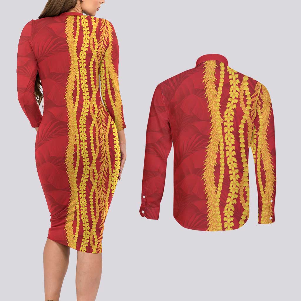 Hawaii Prince Kuhio Couples Matching Long Sleeve Bodycon Dress and Long Sleeve Button Shirt Red Hawaiian Lau Maia With Leis