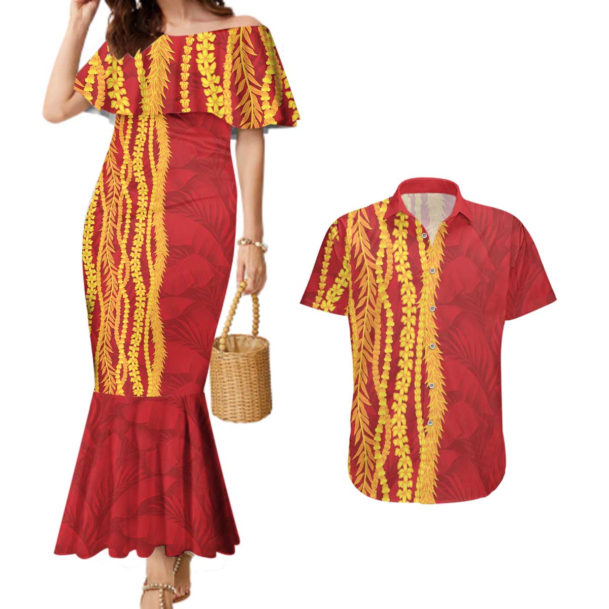 Hawaii Prince Kuhio Couples Matching Mermaid Dress and Hawaiian Shirt Red Hawaiian Lau Maia With Leis LT05 Red - Polynesian Pride