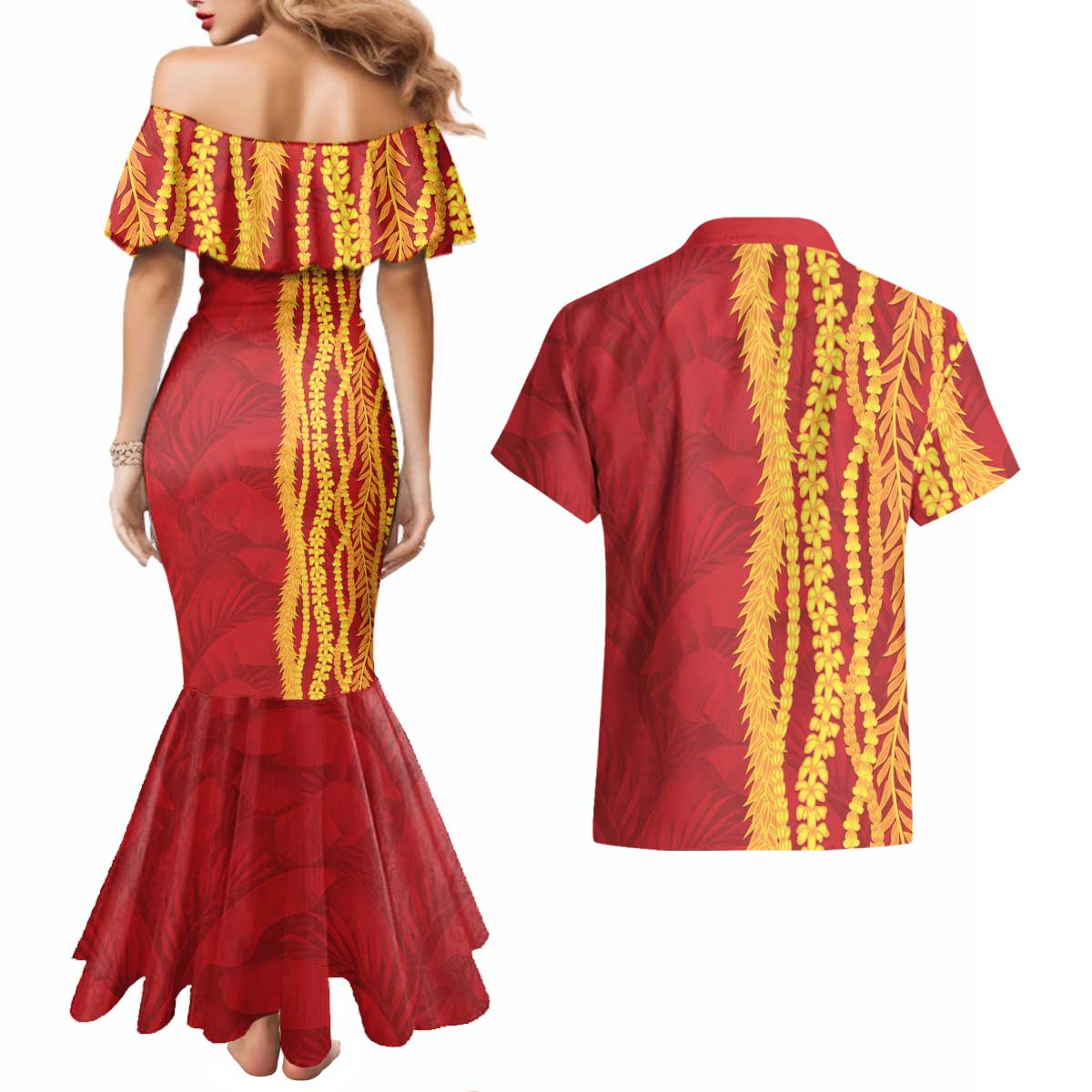 Hawaii Prince Kuhio Couples Matching Mermaid Dress and Hawaiian Shirt Red Hawaiian Lau Maia With Leis LT05 - Polynesian Pride