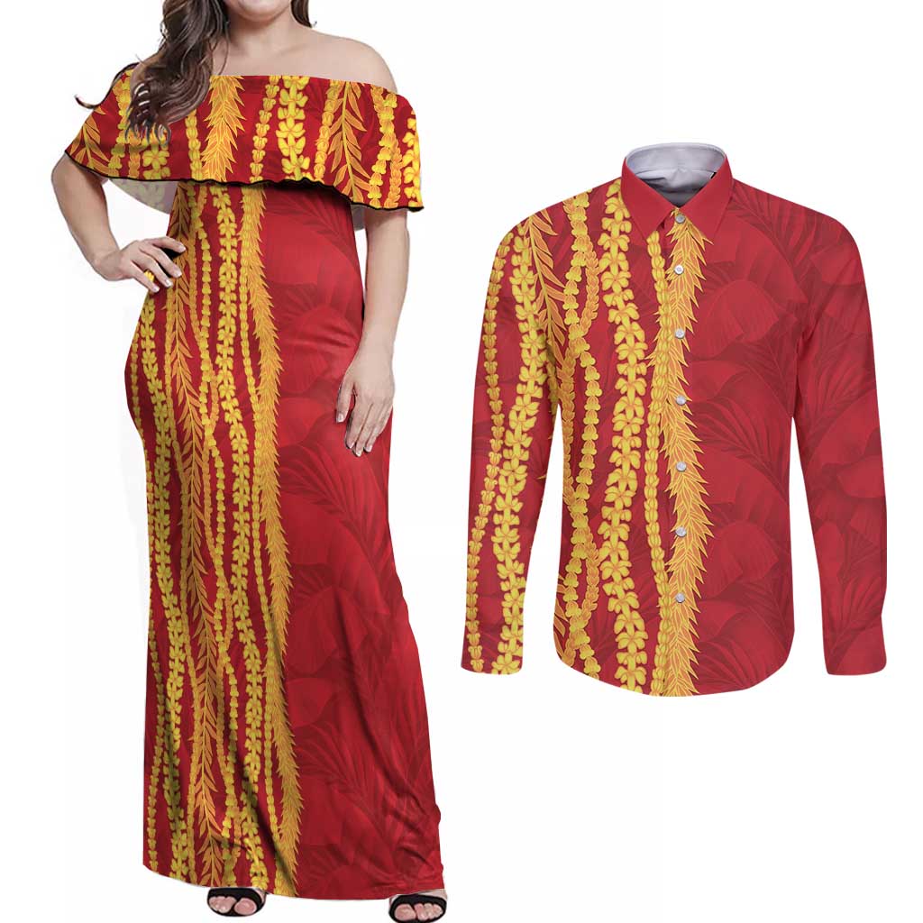 Hawaii Prince Kuhio Couples Matching Off Shoulder Maxi Dress and Long Sleeve Button Shirt Red Hawaiian Lau Maia With Leis