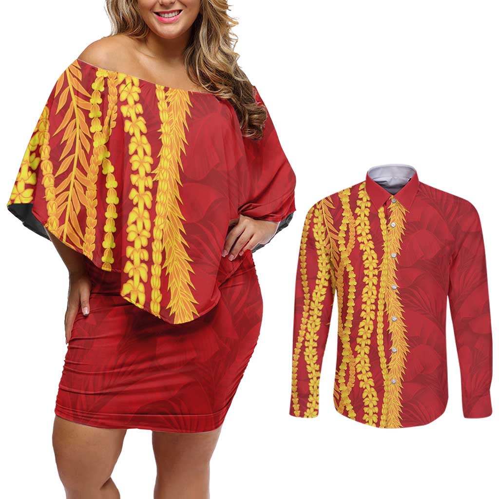 Hawaii Prince Kuhio Couples Matching Off Shoulder Short Dress and Long Sleeve Button Shirt Red Hawaiian Lau Maia With Leis