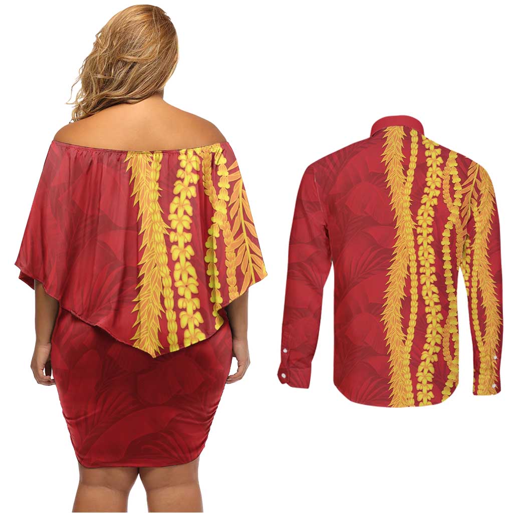 Hawaii Prince Kuhio Couples Matching Off Shoulder Short Dress and Long Sleeve Button Shirt Red Hawaiian Lau Maia With Leis