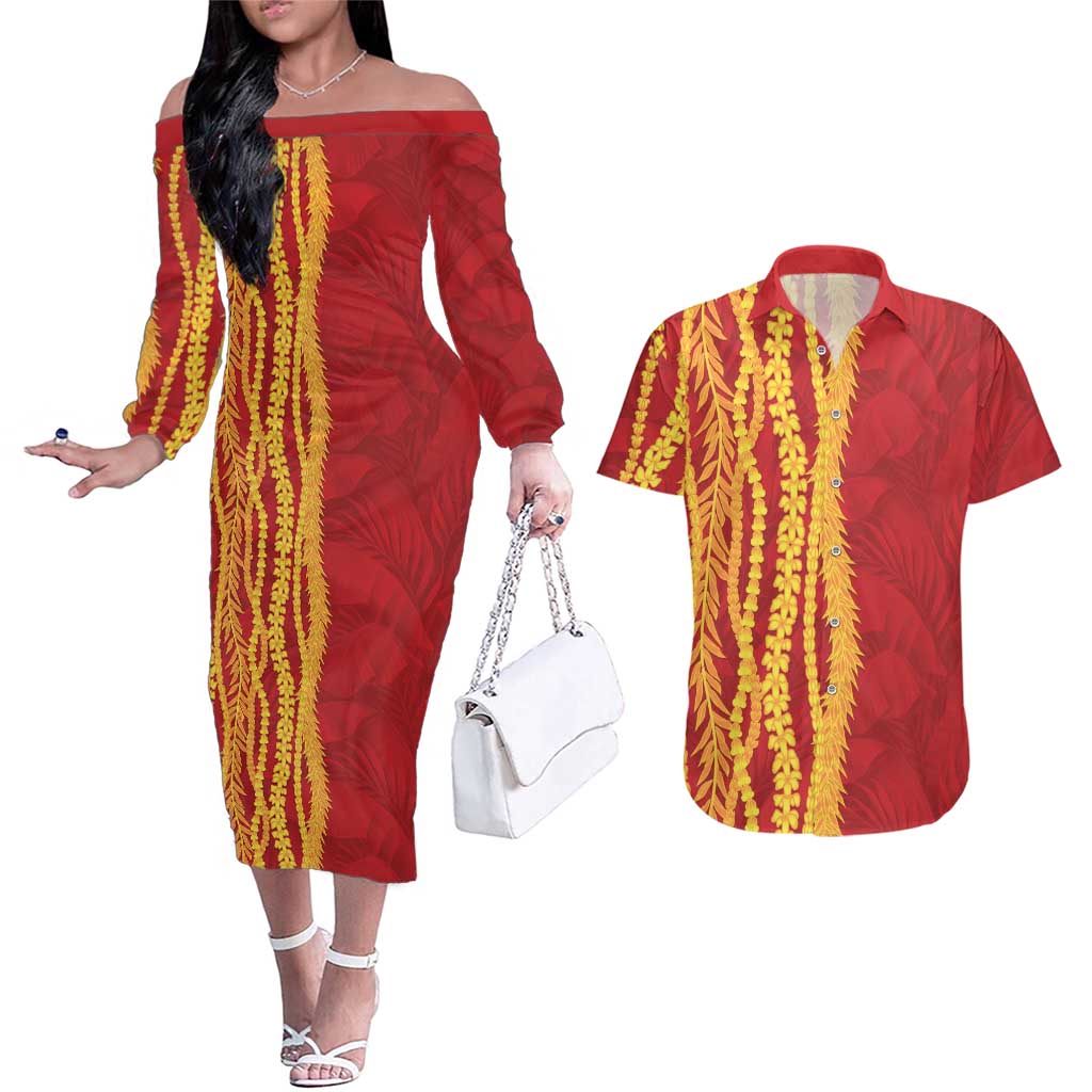 Hawaii Prince Kuhio Couples Matching Off The Shoulder Long Sleeve Dress and Hawaiian Shirt Red Hawaiian Lau Maia With Leis LT05 Red - Polynesian Pride