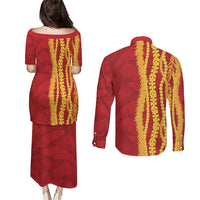 Hawaii Prince Kuhio Couples Matching Puletasi and Long Sleeve Button Shirt Red Hawaiian Lau Maia With Leis