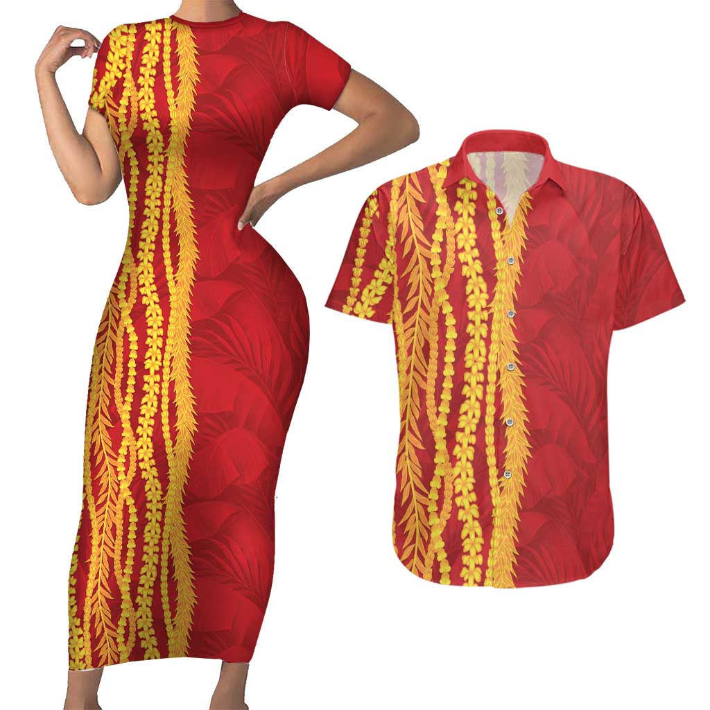 Hawaii Prince Kuhio Couples Matching Short Sleeve Bodycon Dress and Hawaiian Shirt Red Hawaiian Lau Maia With Leis