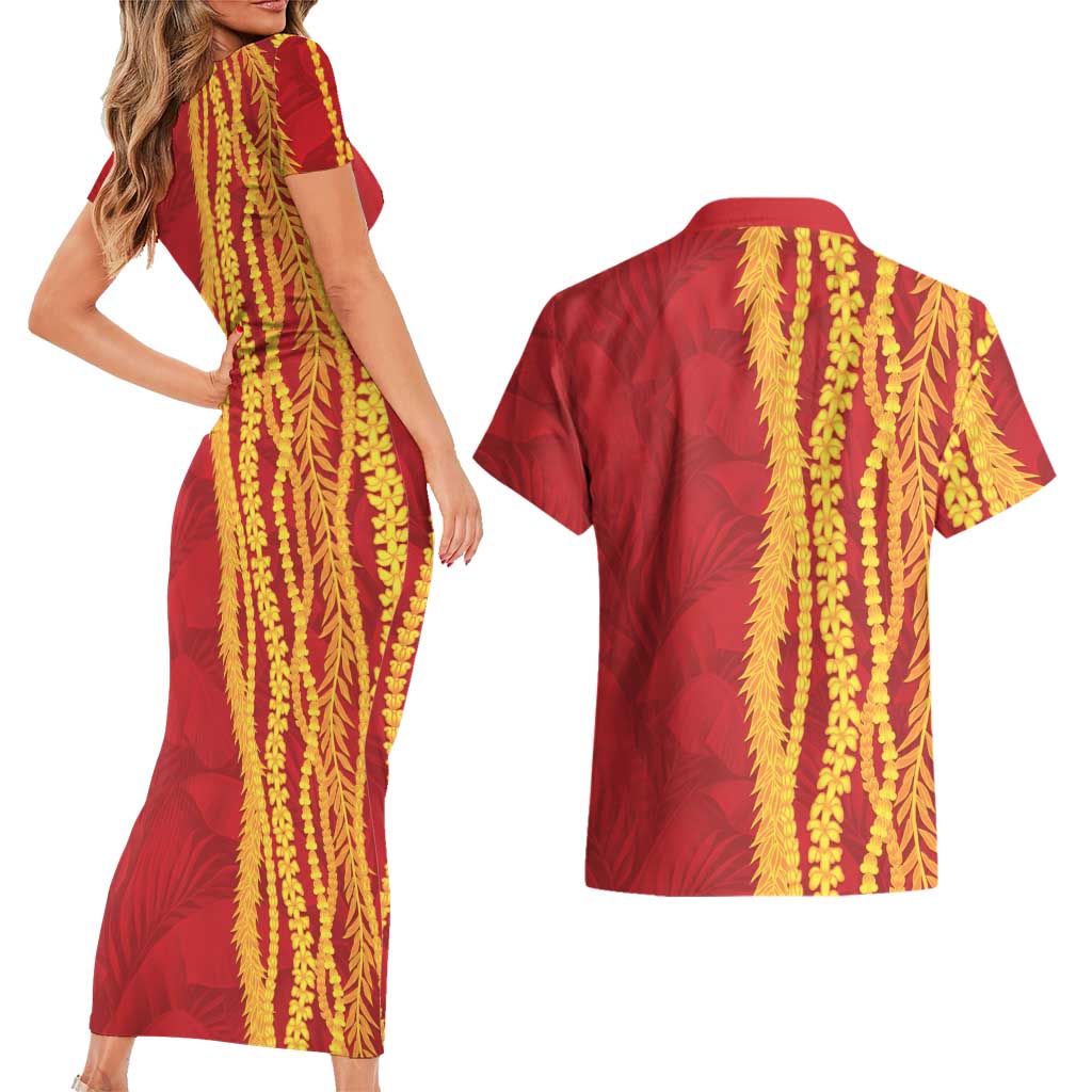 Hawaii Prince Kuhio Couples Matching Short Sleeve Bodycon Dress and Hawaiian Shirt Red Hawaiian Lau Maia With Leis LT05 - Polynesian Pride