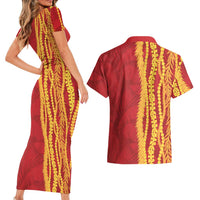 Hawaii Prince Kuhio Couples Matching Short Sleeve Bodycon Dress and Hawaiian Shirt Red Hawaiian Lau Maia With Leis LT05 - Polynesian Pride