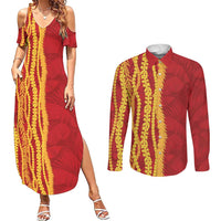 Hawaii Prince Kuhio Couples Matching Summer Maxi Dress and Long Sleeve Button Shirt Red Hawaiian Lau Maia With Leis