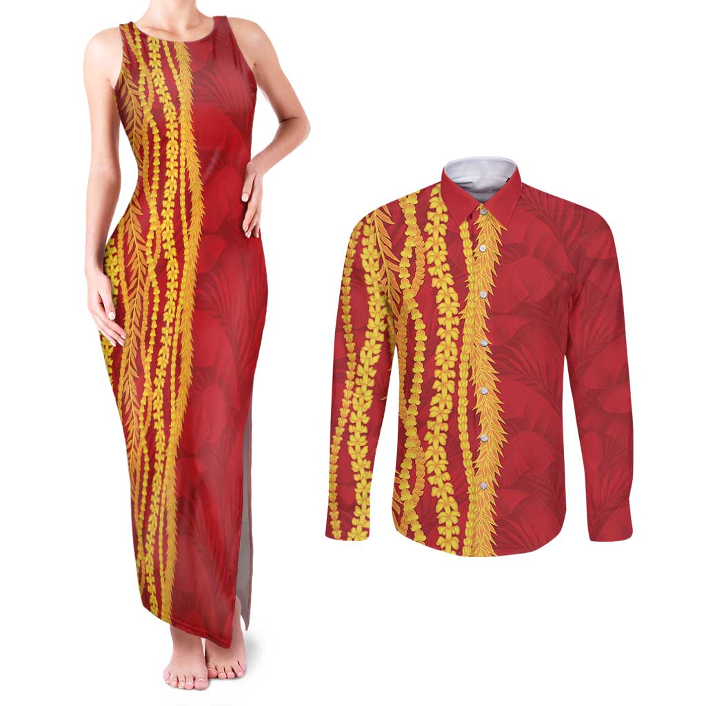 Hawaii Prince Kuhio Couples Matching Tank Maxi Dress and Long Sleeve Button Shirt Red Hawaiian Lau Maia With Leis