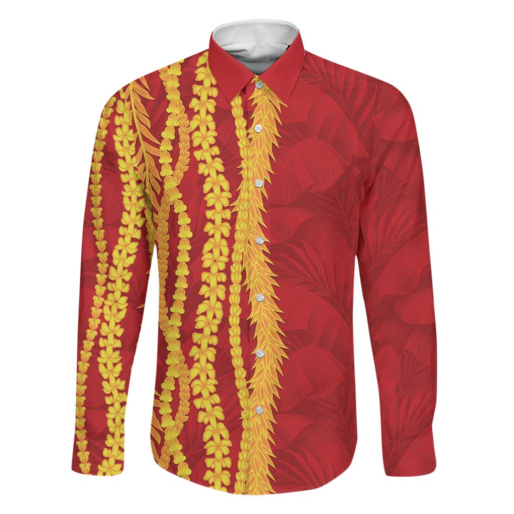 Hawaii Prince Kuhio Family Matching Off The Shoulder Long Sleeve Dress and Hawaiian Shirt Red Hawaiian Lau Maia With Leis LT05 Dad's Shirt - Long Sleeve Red - Polynesian Pride