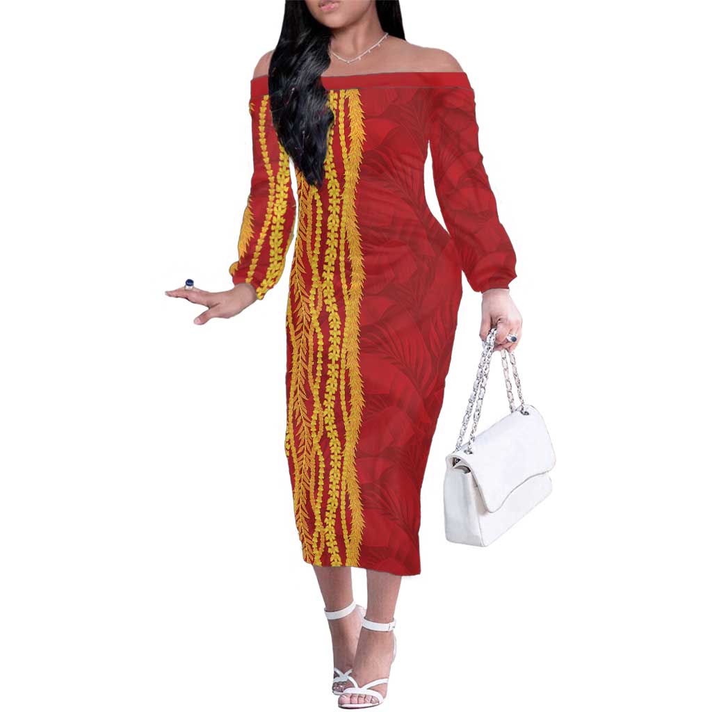 Hawaii Prince Kuhio Family Matching Off The Shoulder Long Sleeve Dress and Hawaiian Shirt Red Hawaiian Lau Maia With Leis LT05 Mom's Dress Red - Polynesian Pride