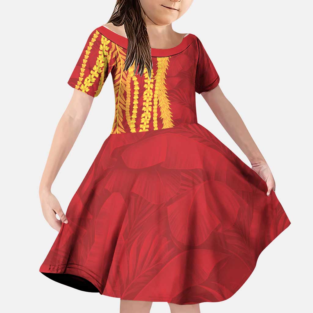 Hawaii Prince Kuhio Family Matching Off Shoulder Maxi Dress and Hawaiian Shirt Red Hawaiian Lau Maia With Leis LT05 Daughter's Dress Red - Polynesian Pride