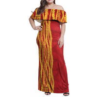 Hawaii Prince Kuhio Family Matching Off Shoulder Maxi Dress and Hawaiian Shirt Red Hawaiian Lau Maia With Leis LT05 Mom's Dress Red - Polynesian Pride