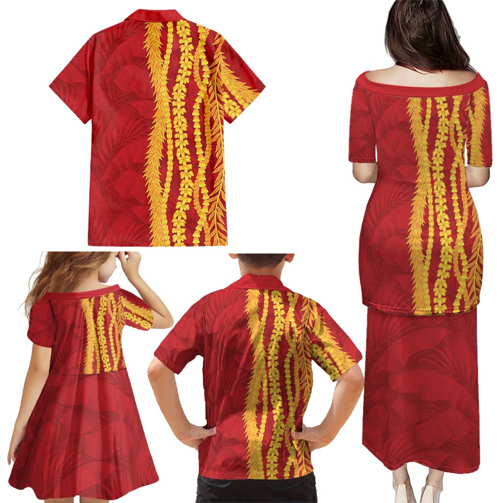 Hawaii Prince Kuhio Family Matching Puletasi and Hawaiian Shirt Red Hawaiian Lau Maia With Leis LT05 - Polynesian Pride
