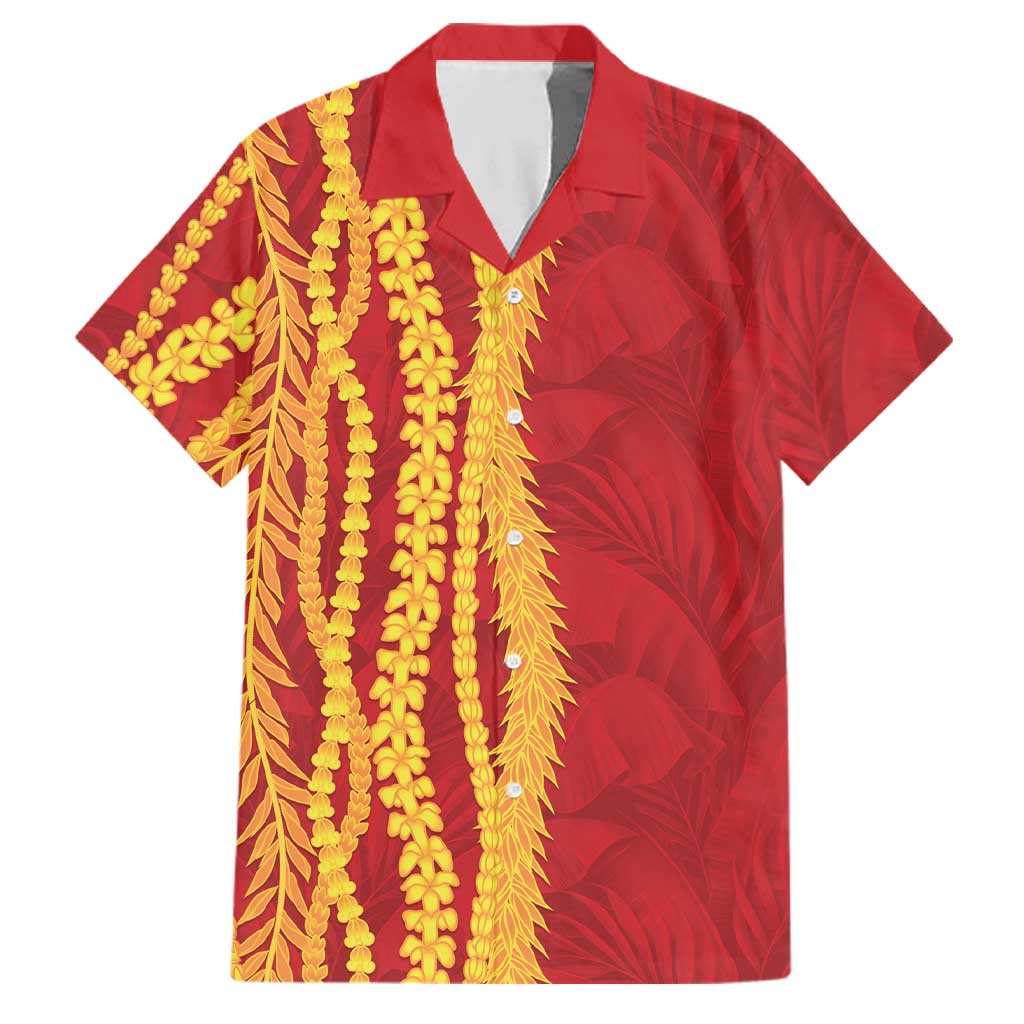 Hawaii Prince Kuhio Family Matching Puletasi and Hawaiian Shirt Red Hawaiian Lau Maia With Leis LT05 Dad's Shirt - Short Sleeve Red - Polynesian Pride
