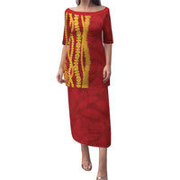 Hawaii Prince Kuhio Family Matching Puletasi and Hawaiian Shirt Red Hawaiian Lau Maia With Leis LT05 Mom's Dress Red - Polynesian Pride