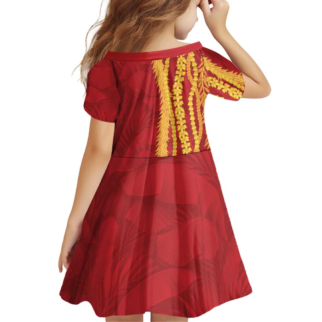 Hawaii Prince Kuhio Family Matching Short Sleeve Bodycon Dress and Hawaiian Shirt Red Hawaiian Lau Maia With Leis LT05 - Polynesian Pride