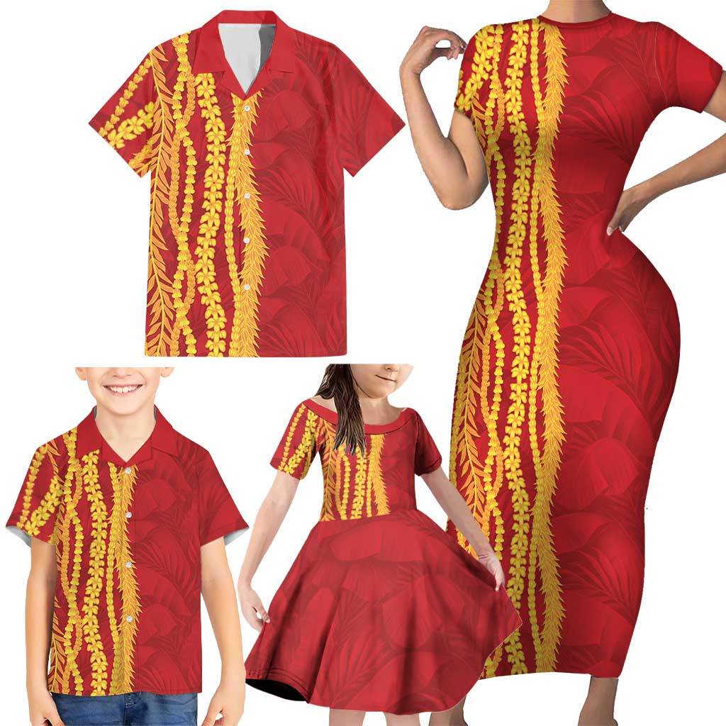 Hawaii Prince Kuhio Family Matching Short Sleeve Bodycon Dress and Hawaiian Shirt Red Hawaiian Lau Maia With Leis