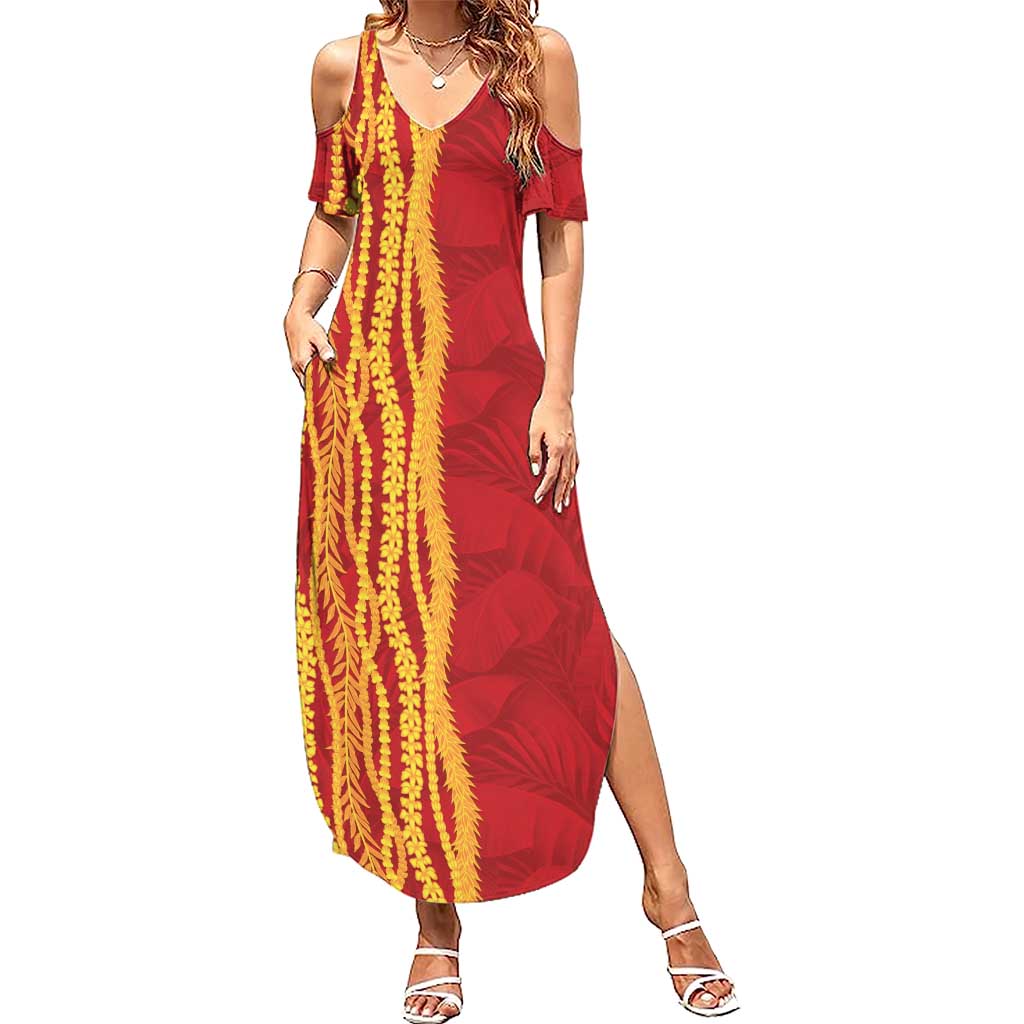 Hawaii Prince Kuhio Family Matching Summer Maxi Dress and Hawaiian Shirt Red Hawaiian Lau Maia With Leis LT05 Mom's Dress Red - Polynesian Pride