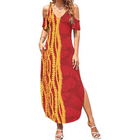 Hawaii Prince Kuhio Family Matching Summer Maxi Dress and Hawaiian Shirt Red Hawaiian Lau Maia With Leis LT05 Mom's Dress Red - Polynesian Pride