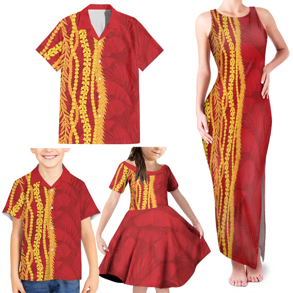 Hawaii Prince Kuhio Family Matching Tank Maxi Dress and Hawaiian Shirt Red Hawaiian Lau Maia With Leis LT05 - Polynesian Pride