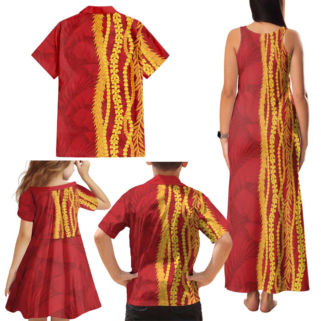 Hawaii Prince Kuhio Family Matching Tank Maxi Dress and Hawaiian Shirt Red Hawaiian Lau Maia With Leis LT05 - Polynesian Pride
