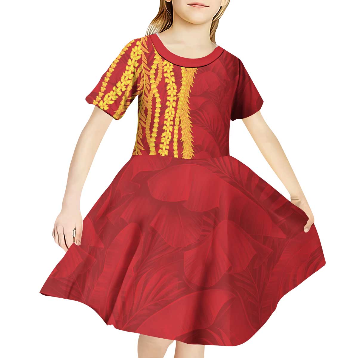 Hawaii Prince Kuhio Kid Short Sleeve Dress Red Hawaiian Lau Maia With Leis