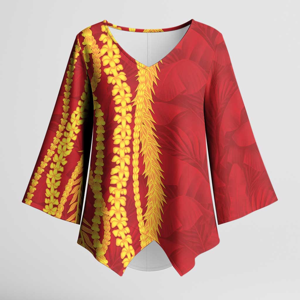Hawaii Prince Kuhio Kimono Sleeve Blouse Red Hawaiian Lau Maia With Leis