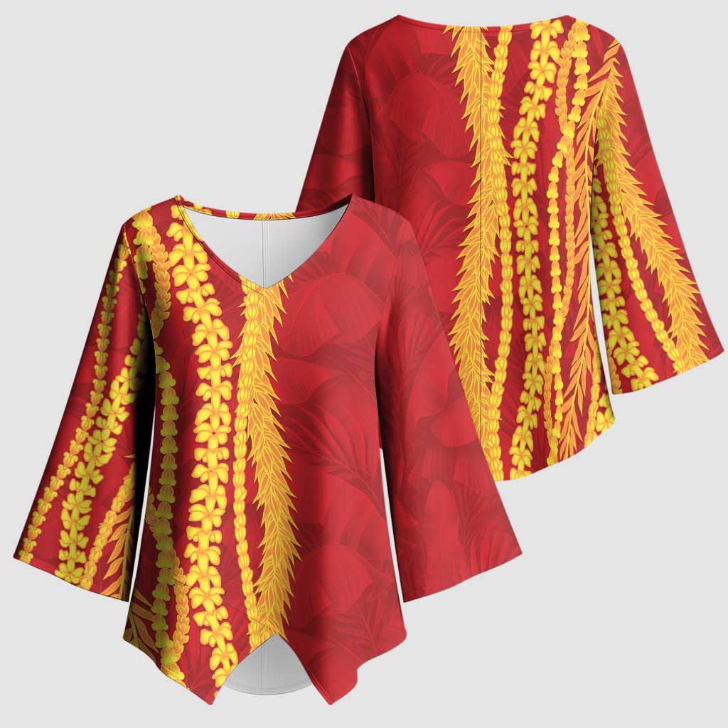 Hawaii Prince Kuhio Kimono Sleeve Blouse Red Hawaiian Lau Maia With Leis