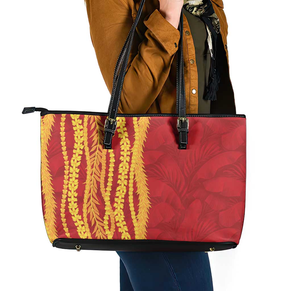 Hawaii Prince Kuhio Leather Tote Bag Red Hawaiian Lau Maia With Leis