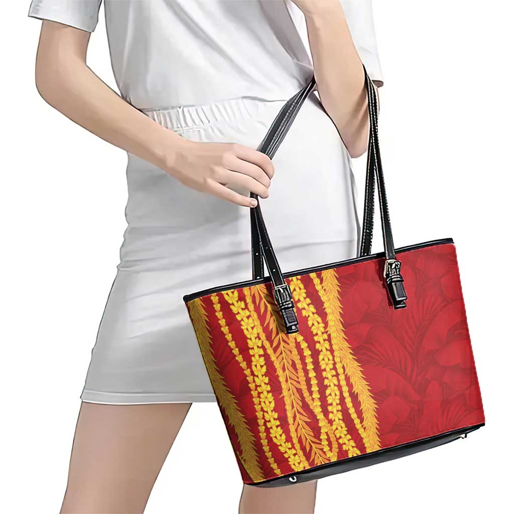 Hawaii Prince Kuhio Leather Tote Bag Red Hawaiian Lau Maia With Leis