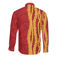 Hawaii Prince Kuhio Long Sleeve Button Shirt Red Hawaiian Lau Maia With Leis