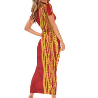 Hawaii Prince Kuhio Short Sleeve Bodycon Dress Red Hawaiian Lau Maia With Leis
