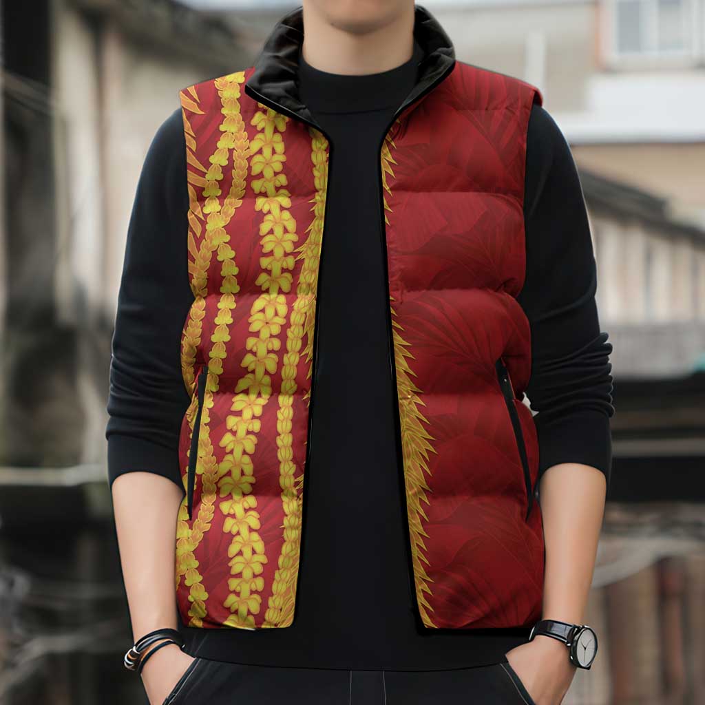 Hawaii Prince Kuhio Sleeveless Puffer Jacket Red Hawaiian Lau Maia With Leis