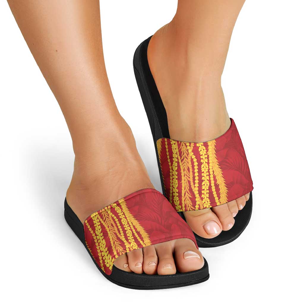 Hawaii Prince Kuhio Slide Sandals Red Hawaiian Lau Maia With Leis