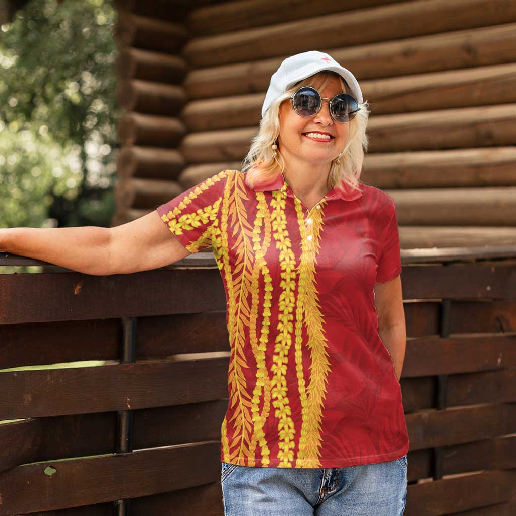 Hawaii Prince Kuhio Women Polo Shirt Red Hawaiian Lau Maia With Leis
