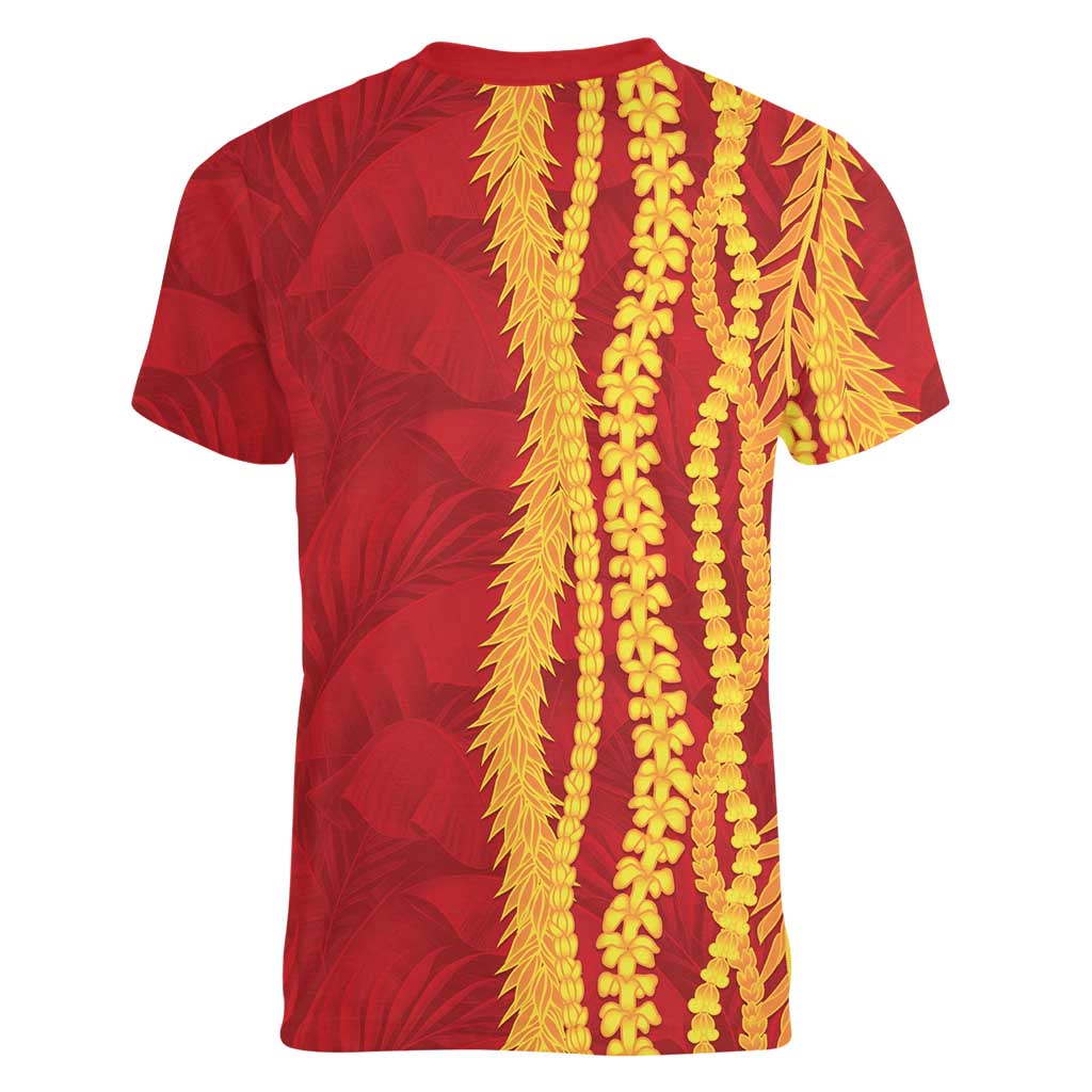 Hawaii Prince Kuhio Women V-Neck T-Shirt Red Hawaiian Lau Maia With Leis
