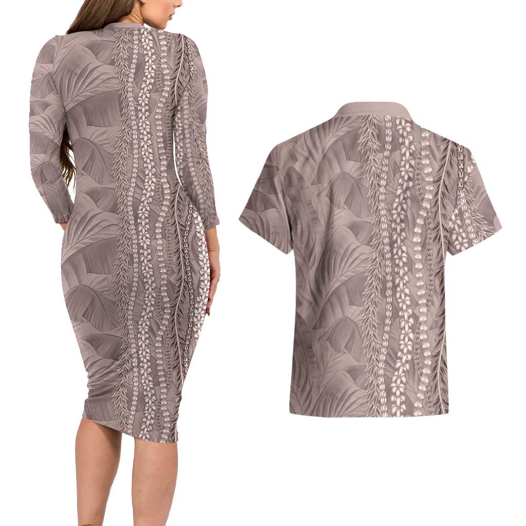 Hawaii Prince Kuhio Couples Matching Long Sleeve Bodycon Dress and Hawaiian Shirt Mocha Hawaiian Lau Maia With Leis LT05 - Polynesian Pride