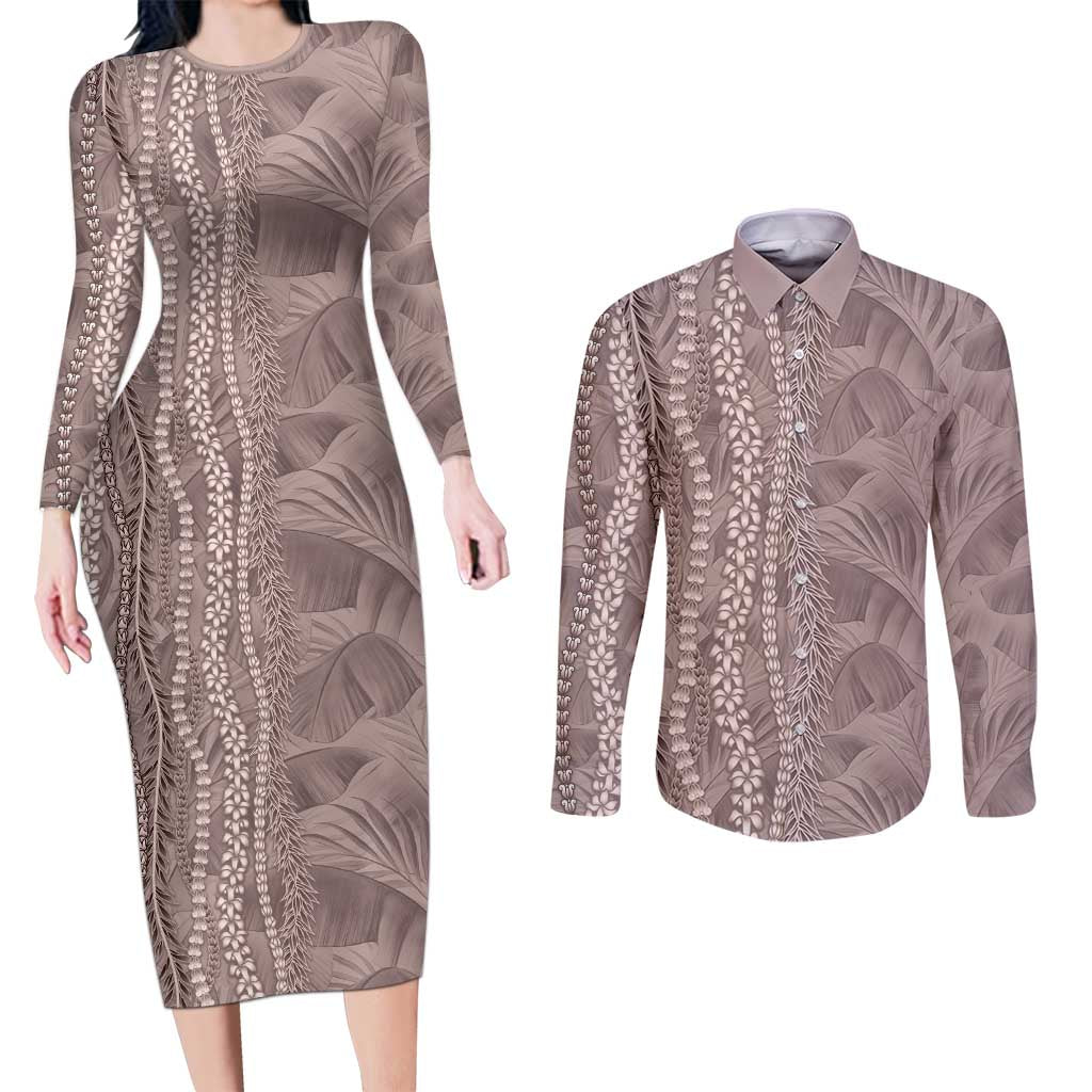 Hawaii Prince Kuhio Couples Matching Long Sleeve Bodycon Dress and Long Sleeve Button Shirt Mocha Hawaiian Lau Maia With Leis