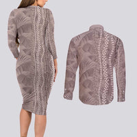 Hawaii Prince Kuhio Couples Matching Long Sleeve Bodycon Dress and Long Sleeve Button Shirt Mocha Hawaiian Lau Maia With Leis