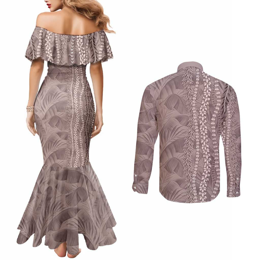 Hawaii Prince Kuhio Couples Matching Mermaid Dress and Long Sleeve Button Shirt Mocha Hawaiian Lau Maia With Leis